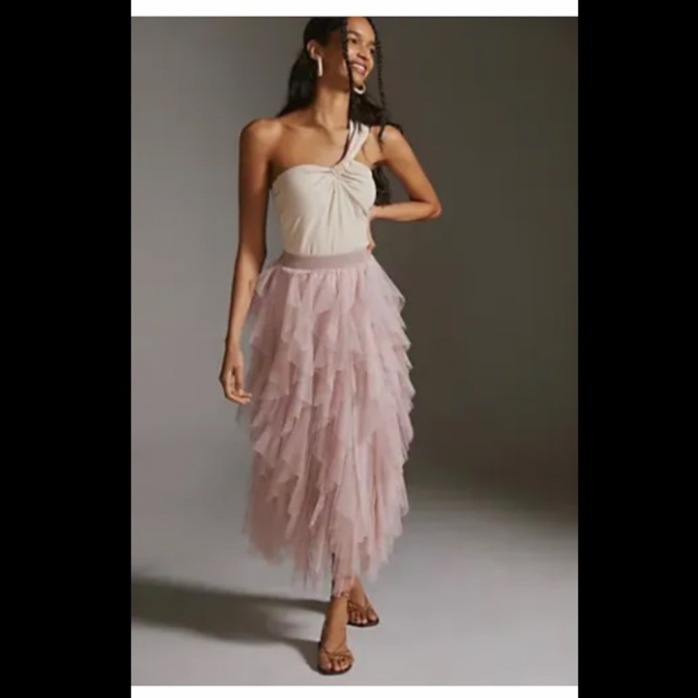 Anthropologie Tulle Ruffle MIDI Skirt Rose pink aromatic Boho Size Large